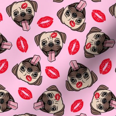 Pugs and kisses - Red lips on pink - Cute pug valentines day - LAD19
