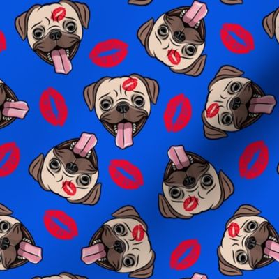 Pugs and kisses - Red lips on blue - Cute pug valentines day - LAD19