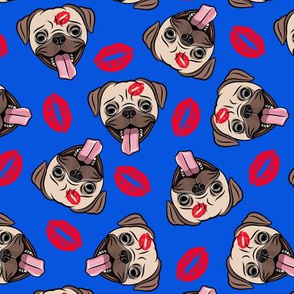 Pugs and kisses - Red lips on blue - Cute pug valentines day - LAD19