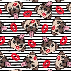 Pugs and kisses - Red lips on black stripes - Cute pug valentines day - LAD19