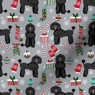 black poodle christmas fabric - poodle fabric, christmas poodle, christmas dog fabric - grey