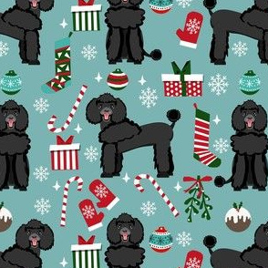 black poodle christmas fabric - poodle fabric, christmas poodle, christmas dog fabric - blue