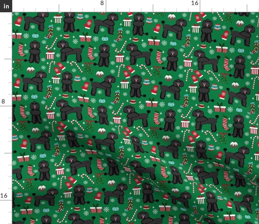 black poodle christmas fabric - poodle fabric, christmas poodle, christmas dog fabric - green