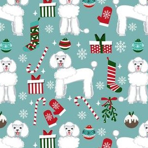 white poodle christmas fabric - poodle fabric, christmas poodle, christmas dog fabric - blue