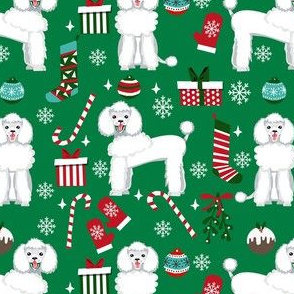 white poodle christmas fabric - poodle fabric, christmas poodle, christmas dog fabric - green