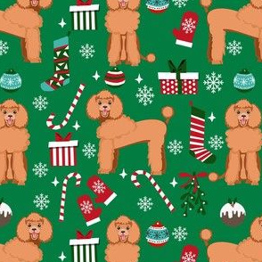 apricot poodle christmas fabric - poodle fabric, christmas poodle, christmas dog fabric - green