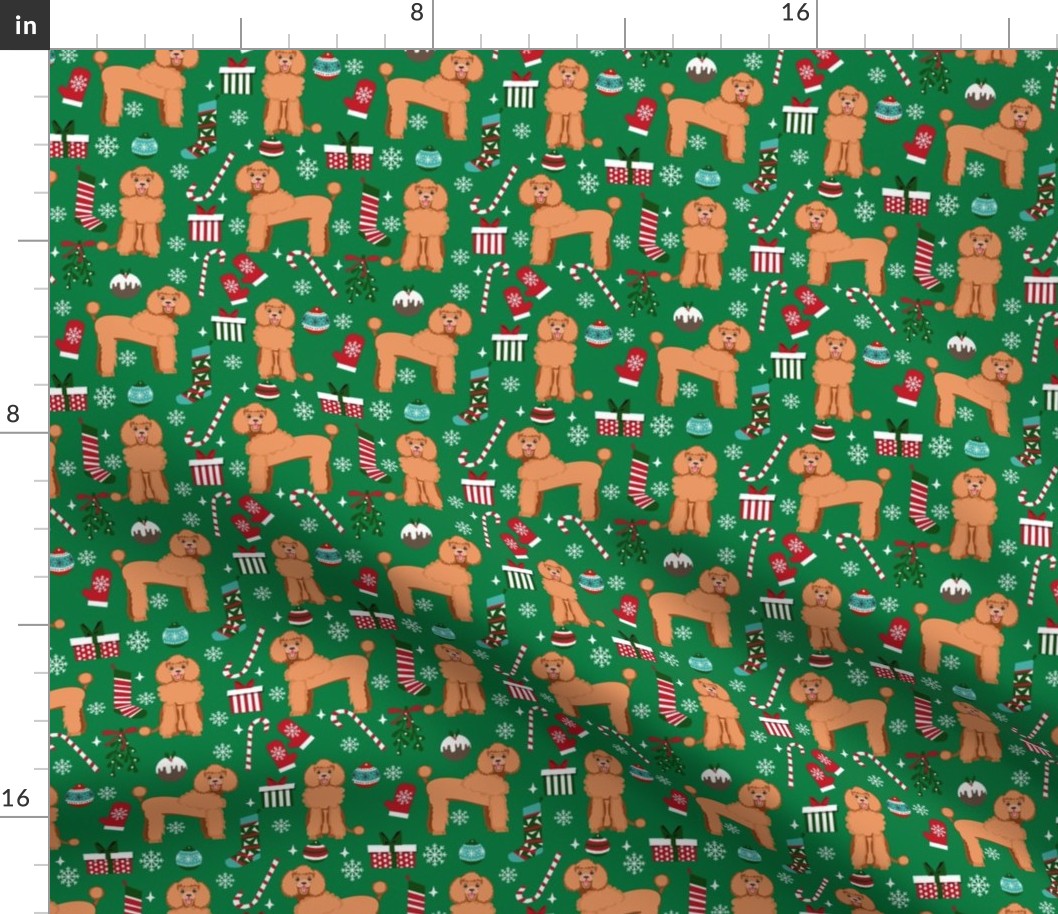 apricot poodle christmas fabric - poodle fabric, christmas poodle, christmas dog fabric - green