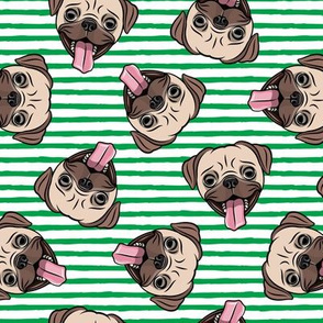 Happy Pugs - green stripes - cute pug dog breed - LAD19
