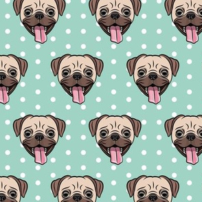 Happy Pugs - mint polka dots - cute pug dog breed - LAD19