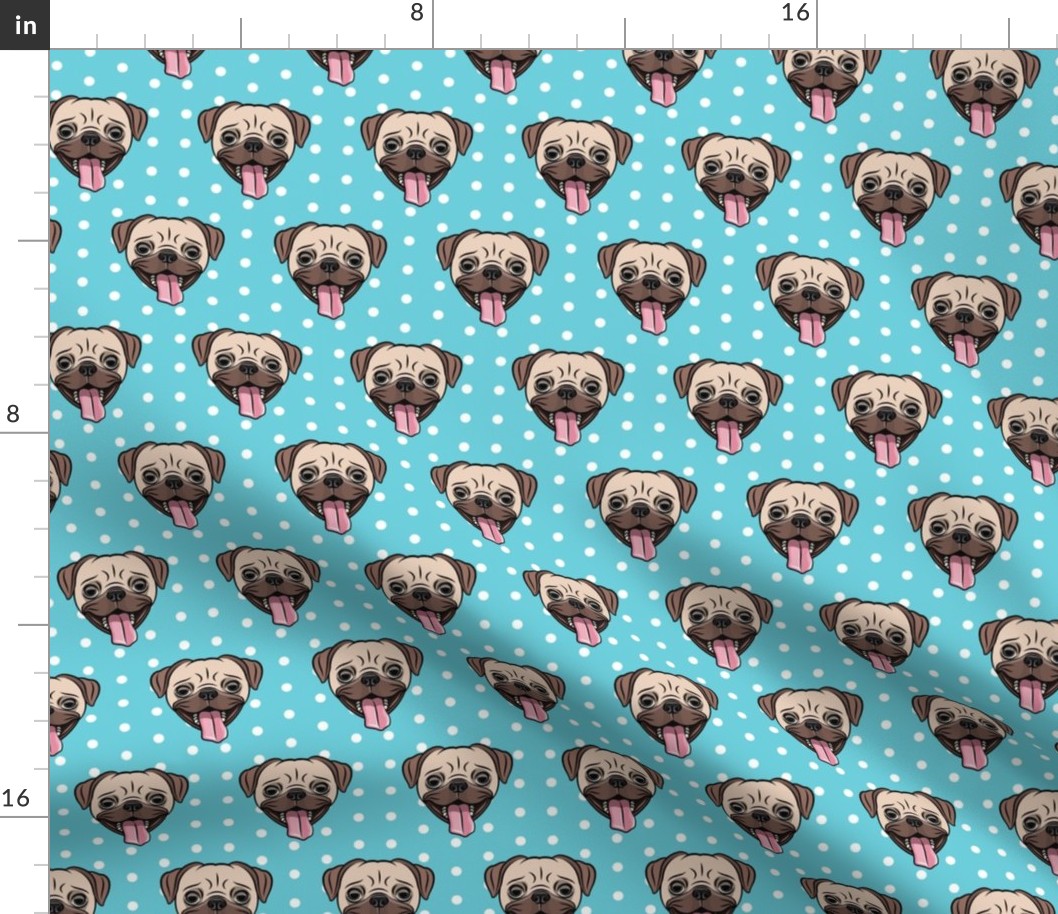 Happy Pugs - blue polka dots - cute pug dog breed - LAD19