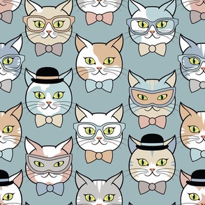 Cats in Hats and Glasses Soft Teal Background 