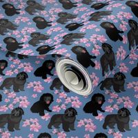 Newfoundland Dog with  pink oleander flowers small print dog fabric