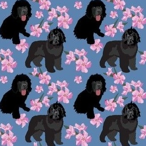 Newfoundland Dog with  pink oleander flowers small print dog fabric