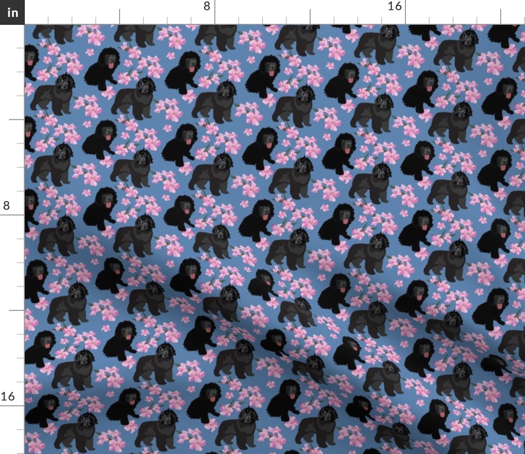 Newfoundland Dog with  pink oleander flowers small print dog fabric