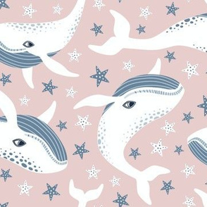White whimsical whales on dusky rose pink
