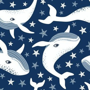 White whimsical space whales on navy blue