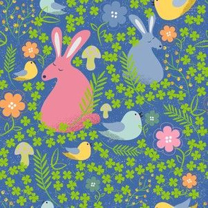 Bunnies / birds / folk art / sky blue