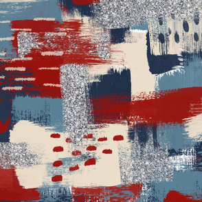 Abstract Paint Dabs in Red, Blue, Cream and silver glitter - large scale