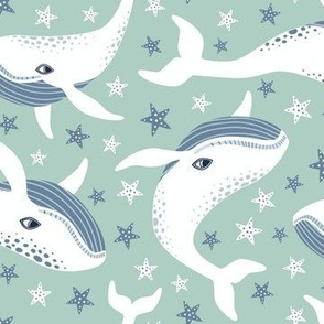 White whimsical space whales on mint green