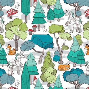 Small scale // Geometric whimsical wonderland // white background green forest with unicorns foxes gnomes and mushrooms 