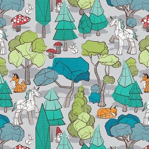 Small scale // Geometric whimsical wonderland // grey background green forest with unicorns foxes gnomes and mushrooms 