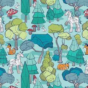 Small scale // Geometric whimsical wonderland // aqua background green forest with unicorns foxes gnomes and mushrooms 