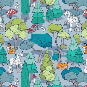 Small scale // Geometric whimsical wonderland // pastel blue background green forest with unicorns foxes gnomes and mushrooms 