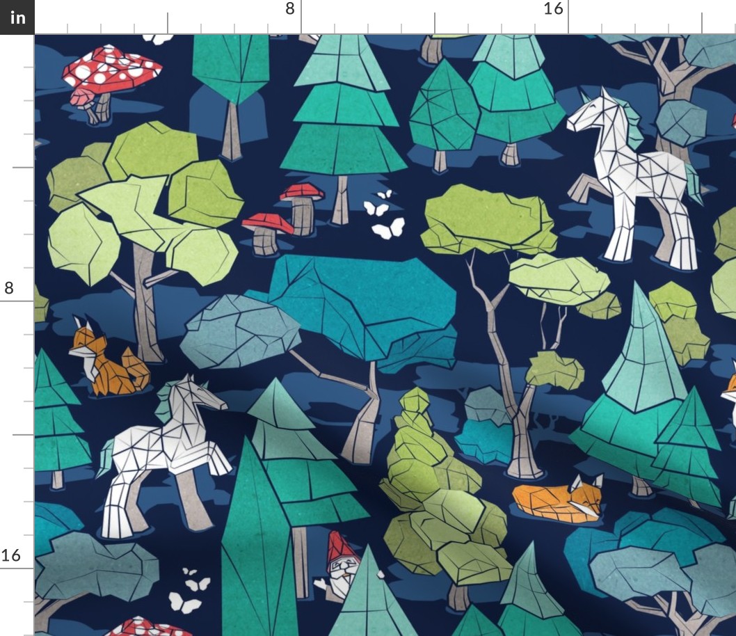 Normal scale // Geometric whimsical wonderland // navy blue background green forest with unicorns foxes gnomes and mushrooms 