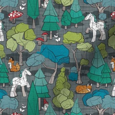 Small scale // Geometric whimsical wonderland // green linen texture background green forest with unicorns foxes gnomes and mushrooms 