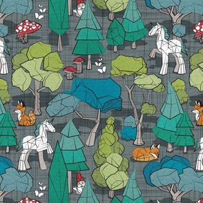 Small scale // Geometric whimsical wonderland // green linen texture background green forest with unicorns foxes gnomes and mushrooms 