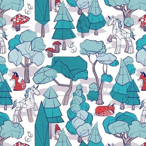 Small scale // Geometric whimsical wonderland // white background teal forest with unicorns foxes gnomes and mushrooms 