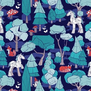 Small scale // Geometric whimsical wonderland // navy blue background teal forest with unicorns foxes gnomes and mushrooms 