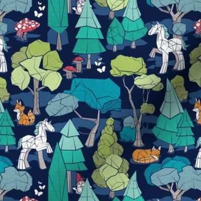 Small scale // Geometric whimsical wonderland // navy blue background green forest with unicorns foxes gnomes and mushrooms 