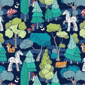 Small scale // Geometric whimsical wonderland // navy blue background green forest with unicorns foxes gnomes and mushrooms 