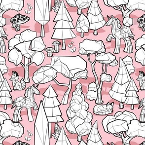 Small scale // Geometric whimsical wonderland // pastel pink background black and white colouring book forest with unicorns foxes gnomes and mushrooms 