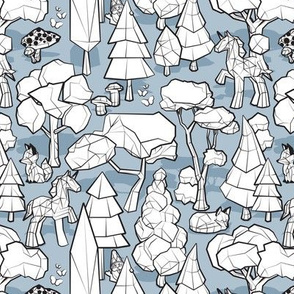Small scale // Geometric whimsical wonderland // pastel blue background black and white colouring book forest with unicorns foxes gnomes and mushrooms 