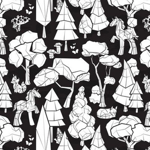 Small scale // Geometric whimsical wonderland // black background white forest with unicorns foxes gnomes and mushrooms 