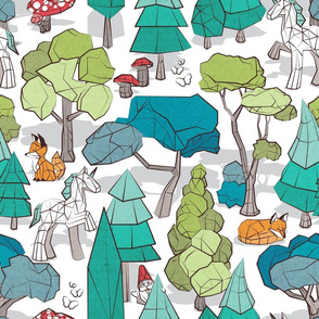 Normal scale // Geometric whimsical wonderland // white background green forest with unicorns foxes gnomes and mushrooms 