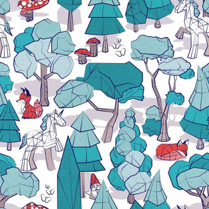 Normal scale // Geometric whimsical wonderland // white background teal forest with unicorns foxes gnomes and mushrooms 