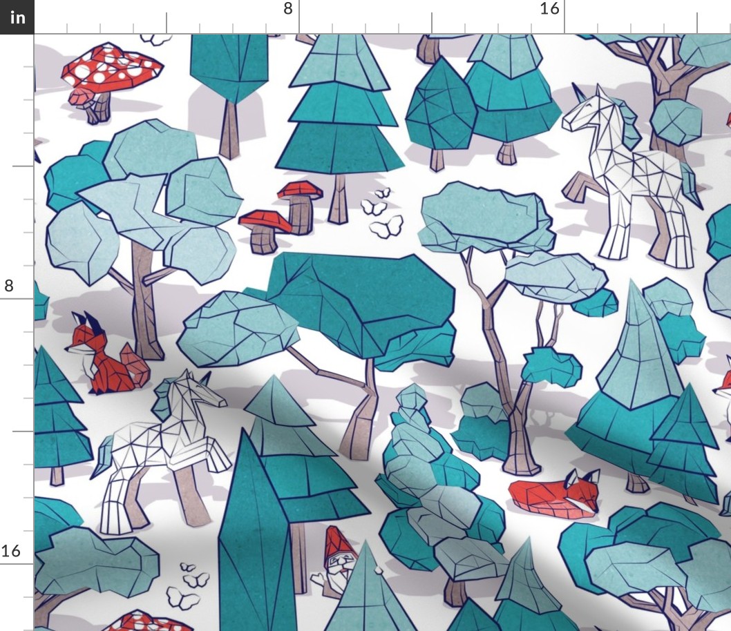 Normal scale // Geometric whimsical wonderland // white background teal forest with unicorns foxes gnomes and mushrooms 