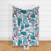 Large jumbo scale // Geometric whimsical wonderland // white background teal forest with unicorns foxes gnomes and mushrooms 