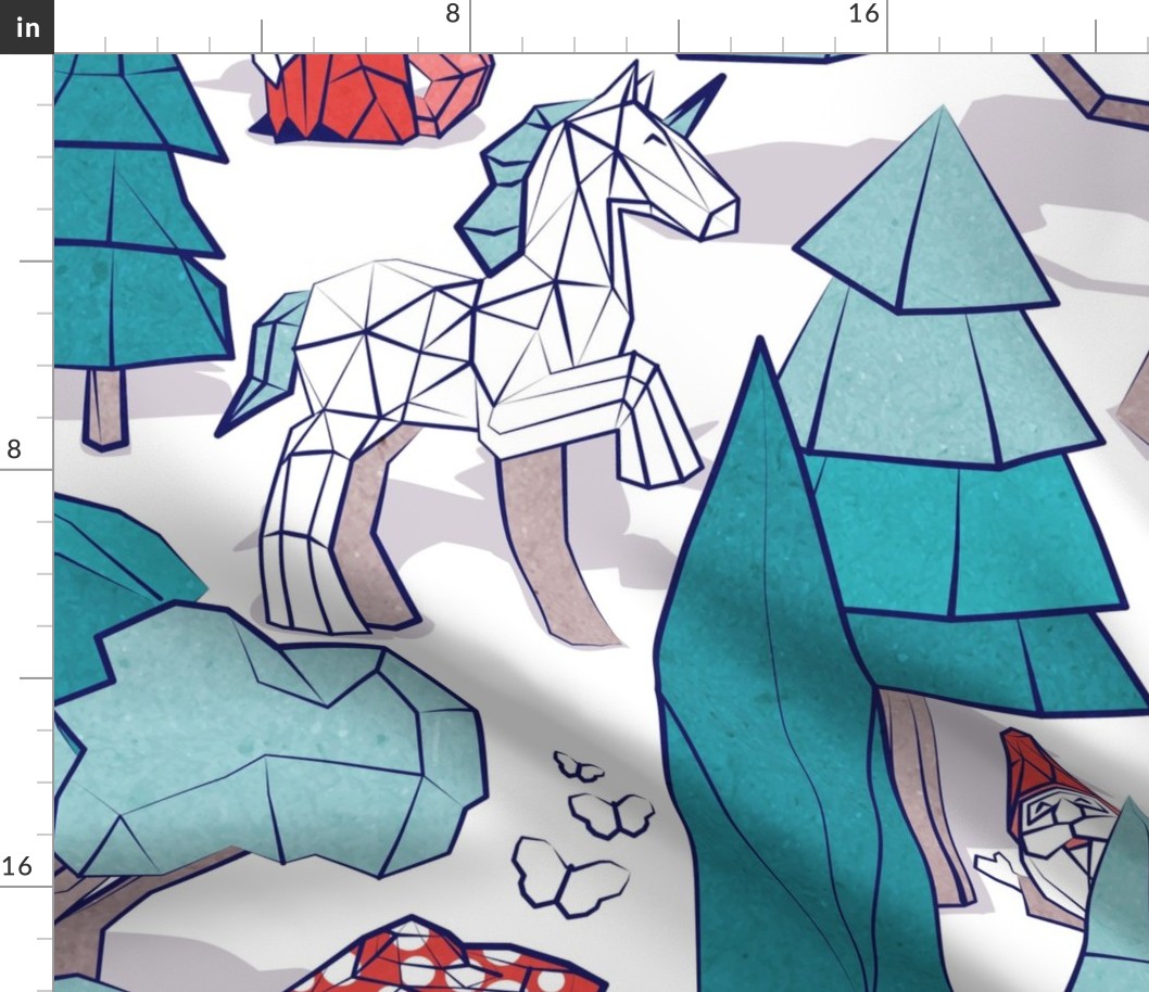 Large jumbo scale // Geometric whimsical wonderland // white background teal forest with unicorns foxes gnomes and mushrooms 