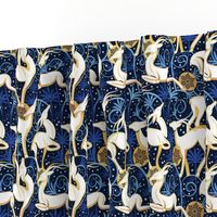 Small scale // Deco Gazelles Garden Christmas Version // navy background white animals gold and blue textured decorative elements