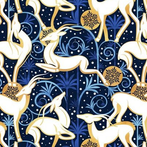 Small scale // Deco Gazelles Garden Christmas Version // navy background white animals gold and blue textured decorative elements