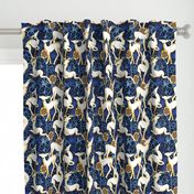 Normal scale // Deco Gazelles Garden Christmas Version // navy background white animals gold and blue textured decorative elements