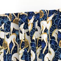 Normal scale // Deco Gazelles Garden Christmas Version // navy background white animals gold and blue textured decorative elements