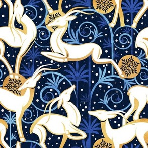Normal scale // Deco Gazelles Garden Christmas Version // navy background white animals gold and blue textured decorative elements