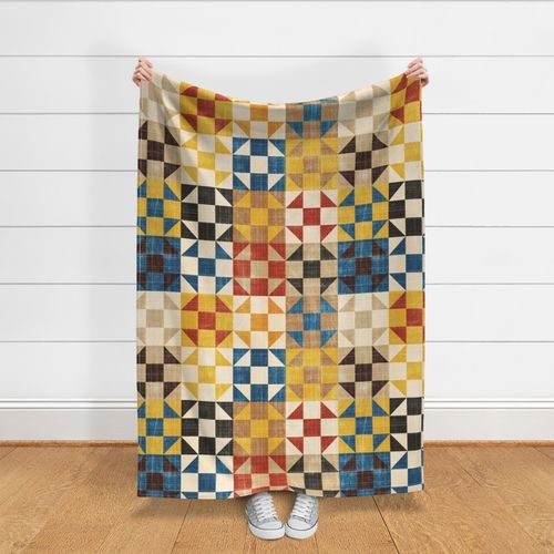 19-15q Autumn Quilt Panel Shoofly Red Yellow Brown Blue