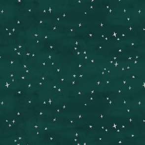 Scattered silver fabric metallic look stars on textured dark green