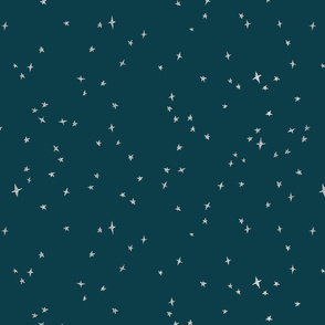 Celestial wallpaper Scattered silver metallic look stars on peacock blue